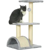 PawHut Kratzbaum 72 cm Katzenturm mit Plüschballen, Sisalstämme, Plattform, Kratzbrett mehrstöckiger Katzenkratzbaum, Kletterbaum, für mittelgroße Katzen, Hellgrau