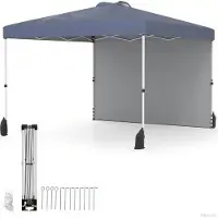 Costway 3x3 meter opklapbare paviljoen, draagbare tuinpaviljoen met zijwand, zonnescherm, tas, 8 haringen, 4 verankeringspunten, 4 windtouwen en 4 zandzakken, grijs