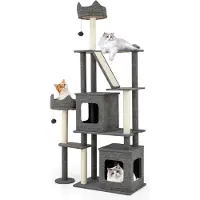 Costway Kraboom groot, 180 cm, kattenboom met 2 holtes, plateaus, kattenbed, sisalpalen, bal & ladder en sisalbord, krabpaal voor katten, grijs