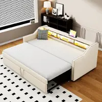 OKWISH Uitschuifbaar bed Daybed 90/180 x 190 cm, multifunctionele opbergruimte met LED-verlichting en USB-poort, Kinderbed, Tienerbed met lattenbodem (zonder matras) - beige