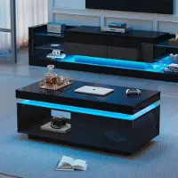 OKWISH TV-meubel (2 delen), TV-tafel + salontafel, zwarte glanzende wandkast, woonkamerwand, glanzende set met LED-verlichting, zwart
