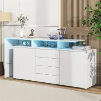 Merax glanzende dressoir met LED-verlichting, commode met 2 deuren en 4 lades, woonkamerkast met glazen deuren, multifunctionele kast, wit