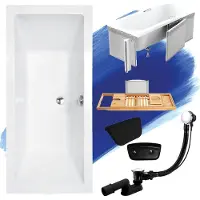 Besco QUADRO ligbad 170 x 75 cm wit met styropor ombouw met hoofdsteun met bamboe badplank