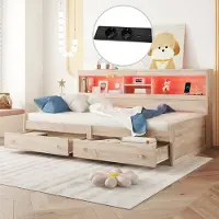 MODFU slaapbank/dagbed 90x200 cm met 2 USB-poorten, 2 laadpoorten en LED-sfeerverlichting, houten bed, dagbed, kinderbed, tienerbed met lattenbodem, naturel (zonder matras)