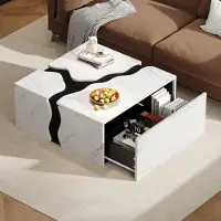 STILVORA Salontafel - Geometrisch Kubusdesign Met Lade En Marmerlook - Voor Woonkamer En Klein Appartement - Spaanplaat - 70x70x31 Cm - Wit