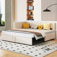 Flieks gestoffeerde slaapbank 90x200 cm met uittrekbaar bed, houten bed, kinderbed, slaapbank met lattenbodem, dagbed, multifunctioneel bed, fluweel, beige