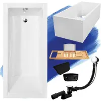 Besco MODERN ligbad 180 x 80 cm wit met baddrager met hoofdsteun met bamboe badplank
