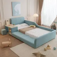 Sweiko gestoffeerd bed, eenpersoonsbed met kinderbureau en krukje, voorzien van een opbergplank, zachte hoofdbord, kinderbed met houten lattenbodem, fluweel, blauw, 90x200 cm