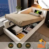 MODFU Bedframe 140x200 cm – wit – daybed met uittrekbed (90x190 cm), LED, USB en 3 schappen