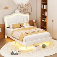 Sweiko -Kinderbed gestoffeerd 90 x 200 cm- bedframe voor meisjes- wit kroon tweepersoonsbedframe met LED-verlichting- matras- zonder matras