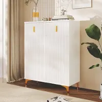 OKWISH Kommode, dressoir met veel opbergruimte, kast met 2 deuren en 2 lades met gouden handgrepen, ladekast, buffetkast, schoenenkast voor de woonkamer, 82*35*101 cm, wit