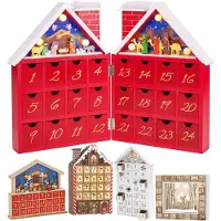 Ed Brubaker Herbruikbare houten adventskalender om zelf te vullen - Rood kersthuis met kerststal en LED-verlichting - DIY kerstkalender, afmetingen 21 x 9 x 30 cm