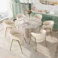 Flieks gestoffeerde fauteuil, set van 6, woonkamerstoel met metalen poten, eetkamerstoel met armleuningen, bekleed met lamswol, keukenstoel, make-up stoel, wit