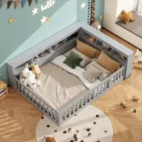 STILVORA kinderbed 140x200 met valbeveiliging, tienerbed met stopcontact en USB-poort, dagbed/slaapbank zonder matras, grijs