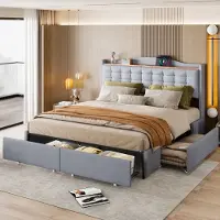 OKWISH Bedframe 90x200 cm – Massief Hout – Grijs – Multifunctionele Slaapbank met Opbergruimte, USB & LED – Zijvakken, Lades & Planken – Incl. 15 Latten – Perfect voor Logeerkamer
