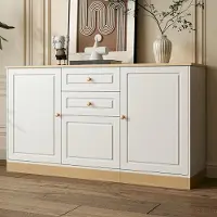 Merax dressoir met 3 deuren en 2 lades, modern buffet met houtlook, multifunctionele kast met afgeronde, gouden handgrepen, wit en hout