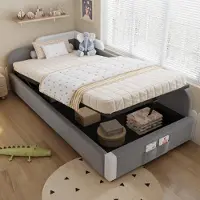 MODFU Kinderbed 90x200 voor tieners, met matras, eenpersoonsbed met opbergruimte, gestoffeerd bed met een zijpaneel en een opbergvak, grijs