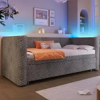 STILVORA Dagbed 90x200 cm – Uitklapbaar Tot 180x200 cm – LED-App en Handmatig Uitschuifmechanisme – Fluweel+MDF – Grijs – Zonder Matras