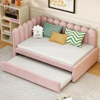 OKWISH Uitschuifbaar bed 140x200 met uitschuifbaar bed, Kinderbed met bloemenmotief, Bekleed bed van fluweelstof, L-vormig bekleed bed, Roze (zonder matras)