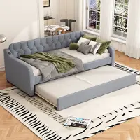 MODFU Slaapbank, dagbed 90x200 cm met uitschuifbaar rollbed en USB-aansluiting, bankbed, houten bed, dagbed, kinderbed, tienerbed, linnen grijs (zonder matras)