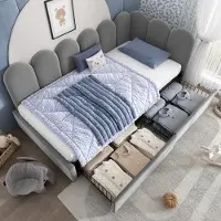 OKWISH Uittrekbare slaapbank 90x200, bekleed, multifunctioneel bed voor overdag met 2 lades, kinderbed, eenpersoonsbed met lattenbodem en wielen, grijs (zonder matras)
