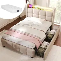 Sweiko -Gestoffeerd bed met USB-hoofdbord en LED en 2 lades- eenpersoonsbed 90x200cm opbergbedden bedframe- beige met matras