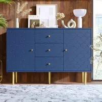Flieks dressoir met visgraatmotief, voorzien van 3 lades en 2 deuren. Verstelbare legplank. Afmetingen: 120 x 40 x 82 cm. Kleur: marineblauw