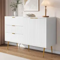 OKWISH Keukenmeubel, woonkamerkast, keukenmeubel, 120 L x 38 B x 80,5 H (cm), met 2 deuren en 3 lades, interne planken, met gouden handgrepen en poten, wit en goud
