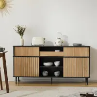 OKWISH keukenkast 160x40x80 cm, dressoir met 4 schuifdeuren en 1 lade, naturel + zwart