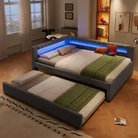 MODFU uitklapbare slaapbank, 140x200 cm, kinderbed met uitschuifbaar bed en lattenbodem, dagbed met LED-verlichting, bediening via app en kabel, zonder matras, grijs