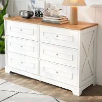 Merax moderne dressoir met 6 lades, commode in landelijke stijl, opbergmeubel geschikt voor woonkamer, eetkamer of hal, wit en natuurhout