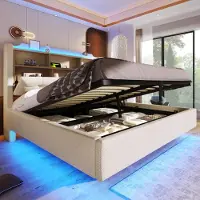 STILVORA Gestoffeerd bed 140x200 cm – Eenpersoonsbed met hydraulische opbergruimte – Meerkleurige LED-lichtstrook – Linnen – Beige – Zonder matras