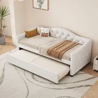 OKWISH Uitschuifbare slaapbank, 90x200 cm, met uitschuifbaar bed van 90x190 cm en lattenbodem, geschikt als dagbed, kinderbed of studentenbed (zonder matras) - beige