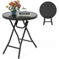 Costway Bijzetter, inklapbaar, tuintafel, inklapbare tafel, weerbestendig, balkon tafel, rond met tafelblad van gehard glas, 46x46x48cm, zwart