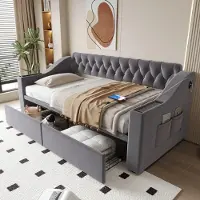 STILVORA Slaapbank 90x190 cm – Gestoffeerd Bed Met USB+Type-C & Armleuning-Opbergvakken – 2 Opberglades – Fluweel – Donkergrijs – Zonder matras
