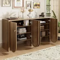MODFU Keukenkast, opbergkast met notenhoutdecor, voorzien van 4 deuren, verstelbare planken en aluminium handgrepen, geschikt voor woonkamer, eetkamer en hal