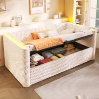 STILVORA Gestoffeerd Bed 90x200cm – Eenpersoonsbed Met Hydraulische Opbergruimte & RGB LED – Met Lattenbodem – Fluweel – Beige – Zonder Matras