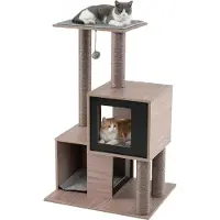 Costway Kraboom van hout, 93 cm, kattenboom met sisal krabpalen, 2 kattenholletjes, een platform, een bal en een afneembaar kussen. Kraboom voor katten, grijs