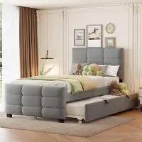 STILVORA Gestoffeerd Bed 90x190 cm – Eenpersoonsbed Met Uitschuifbed – Lattenbodem – Zonder Matras – Voor Kinderkamer Logeerkamer – Fluweel – Grijs
