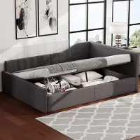 STILVORA 140x200 slaapbank met opbergruimte eronder, dagbed met houten frame en linnen stof, dagbed met rugleuning en armleuningen, zonder matras, grijs