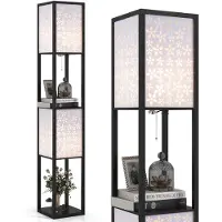 Costway Vloerlamp met 2 lampenkappen, 156 cm hoog, met plank, staande lamp met 2 decoratieve lampenkappen en voetpedaal, houten planklamp, staande lamp, geschikt voor bloemen
