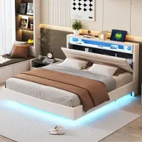Sweiko -Gestoffeerd bed 160x200 cm met USB-aansluiting en LED-verlichting- omkeerbaar hoofdeinde- verborgen voeteneinde- tweepersoonsbed- beige- zonder matras