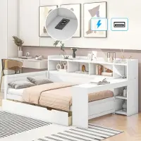 OKWISH Dagbed 90 x 200 cm, slaapbank met stopcontact en USB-aansluiting, dagbed met opbergruimte, bureau en nachtkastje, wit, inclusief matras