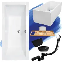 Besco QUADRO ligbad 170 x 75 cm wit met baddrager met hoofdsteun met bamboe badplank