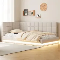 OKWISH Moderne uitschuifbare bed 90x200. Kinderbed met LED-verlichting en USB-aansluiting, bijzetbed zonder matras met lattenbodem, beige
