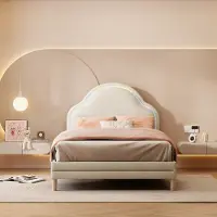 STILVORA gestoffeerd bed 90x200 cm met matras, kinderbed met houten lattenbodem, met meerkleurige, verwisselbare LED-strips, met een uniek, wolkachtig hoofdeinde, fluweel, beige