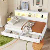OKWISH Opklapbare slaapbank, dagbed 90x200 cm met lattenbodem, kinderbed met 2 USB-poorten en 2 oplaadpoorten, met sfeerverlichting (zonder matras) - wit
