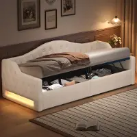 Ulife Dagbed met opbergruimte en LED-verlichting, met linnenkussens, stevig – 7 kleuren, beige