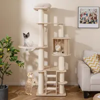 Costway Kraboom, groot, 185 cm, kattenboom met dikke palen, kattenhol, ruimtelijke structuur, zitplaats en trap, kattenkrabpaal van hout, klimboom, natuurlijke uitstraling