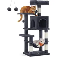 Feandrea Kraboom, 112 cm hoog, kattenboom, meerlaags kattenhuis, met 4 krabpalen, 2 plateaus, een hangmat, een holletje, in de kleur rookgrijs